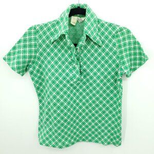 VTG 60s/70s Polo Neck Knit Dagger Collar Short Sleeve Plaid Top 7/8 Green